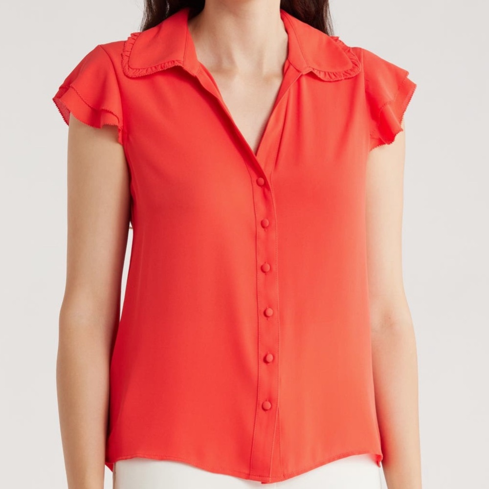 T Tahari Tiered Flutter Sleeve Button-Up Shirt - Poppy Red